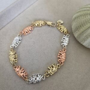 Tricolor Gold Filled Bracelet Elephant Charms 8"